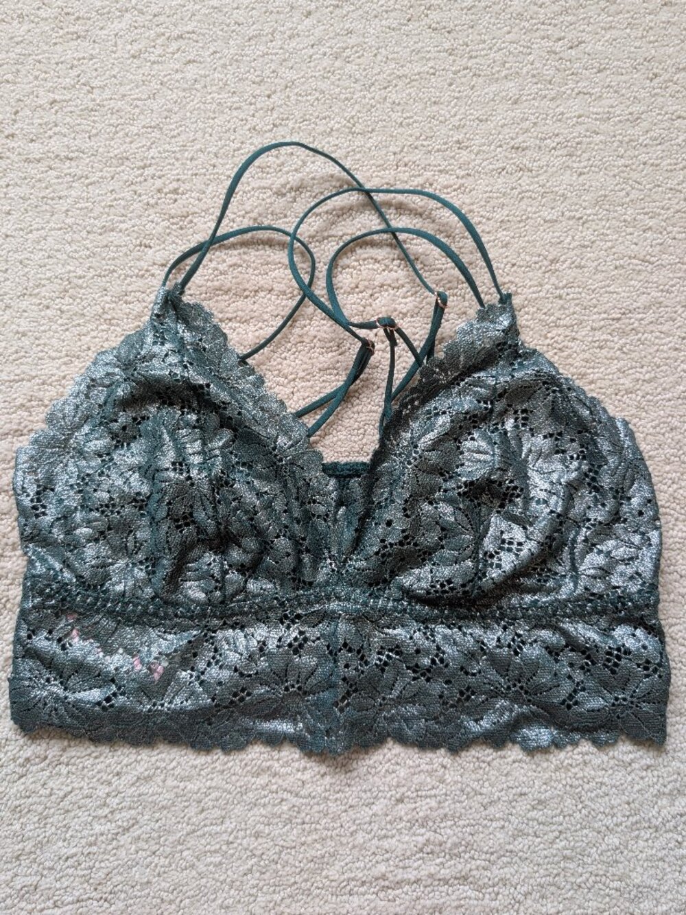 NEW PINK Victoria's Secret XL Deep Green Metallic Shimmer Lace Bralette Bra